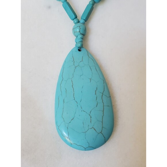 Southwestern Turquoise Stone Necklace 17 inch Long Polished Bead Pendant Howlite - Picture 5 of 6